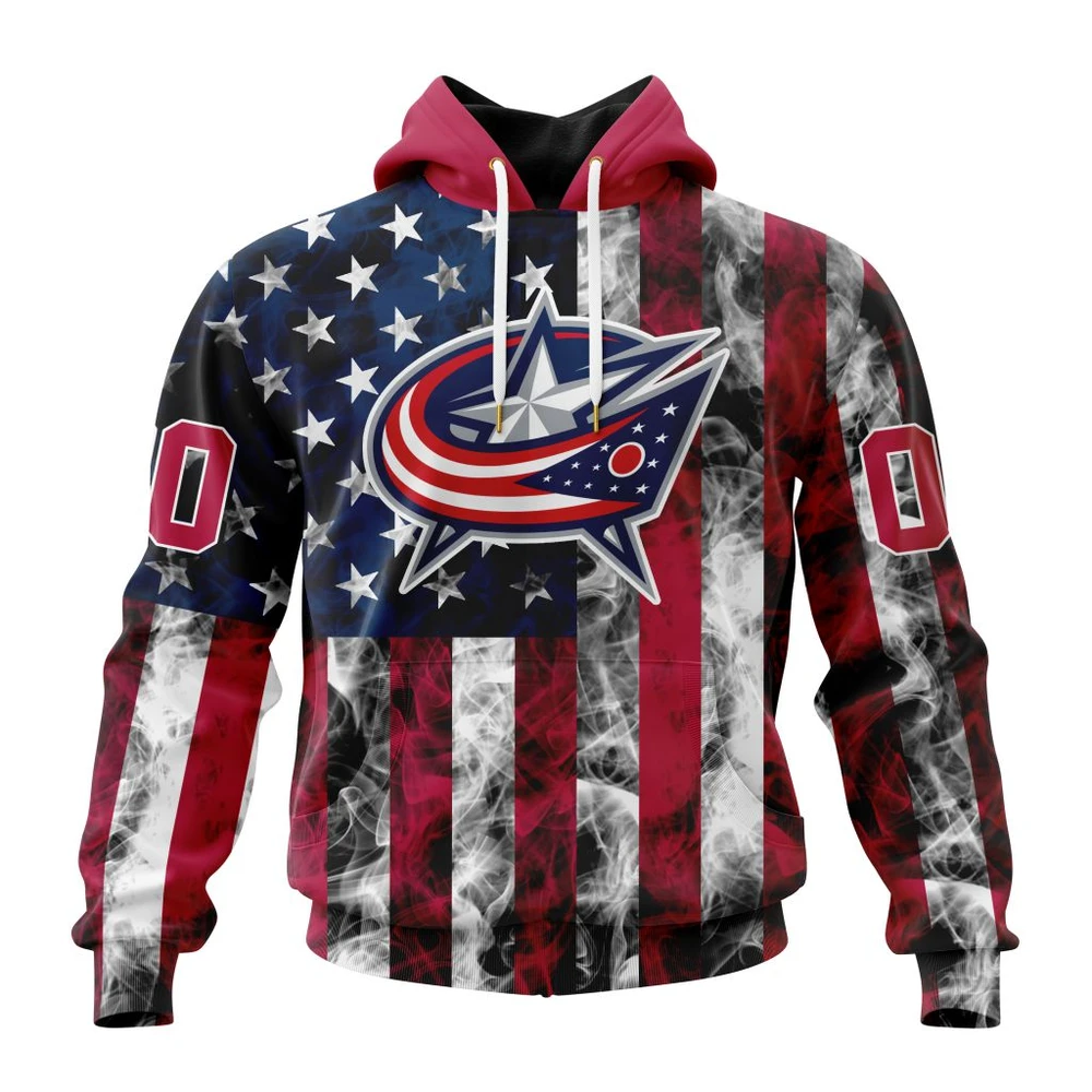 Buildercar - NHL Columbus Blue Jackets Awesome Design For Independence Day The Fourth Of July Custom Name and Number Hoodie