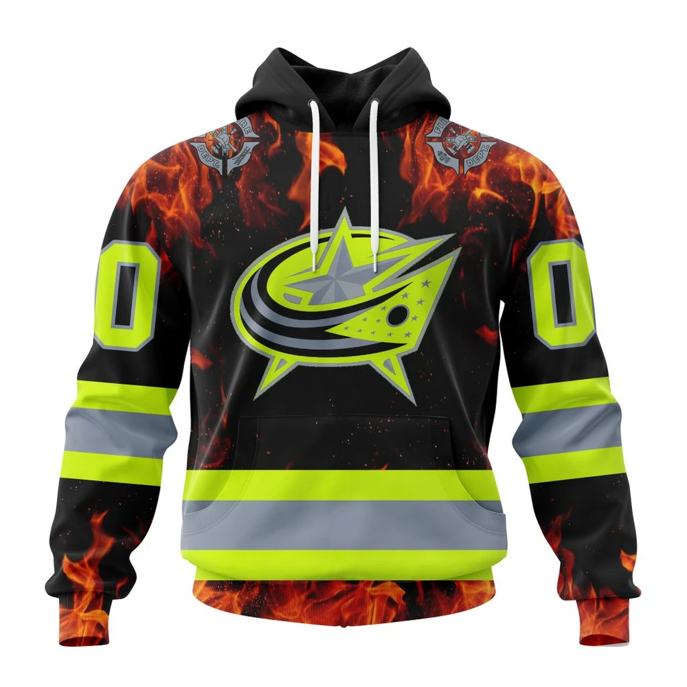 Buildercar - NHL Columbus Blue Jackets Awesome Design Honoring Firefighters Custom Name and Number Hoodie