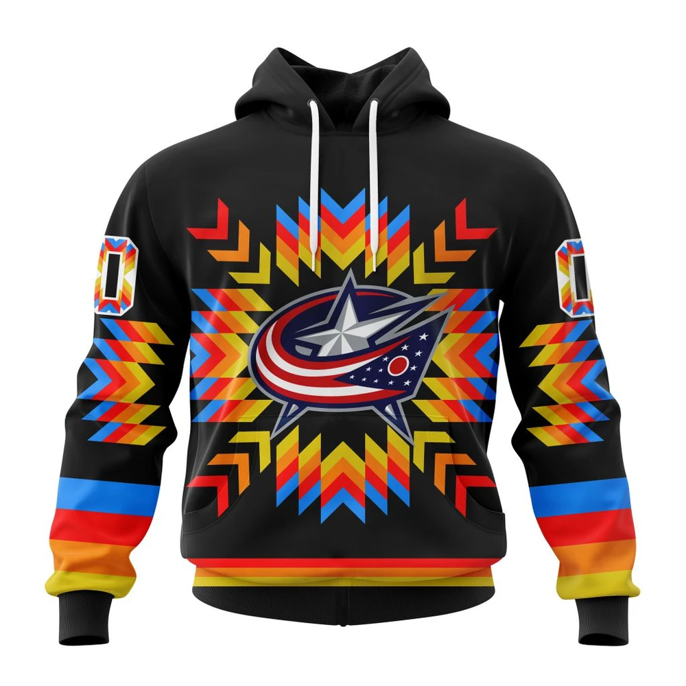 Buildercar - NHL Columbus Blue Jackets Awesome Design With Native Pattern Custom Name and Number Hoodie Style 353