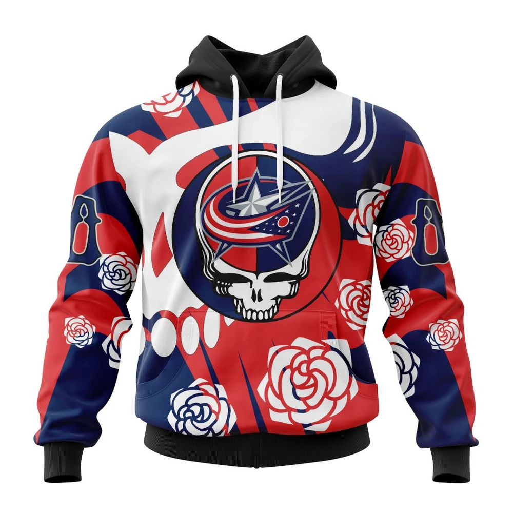 Buildercar - NHL Columbus Blue Jackets Awesome Grateful Dead Design Custom Name and Number Hoodie Style 115