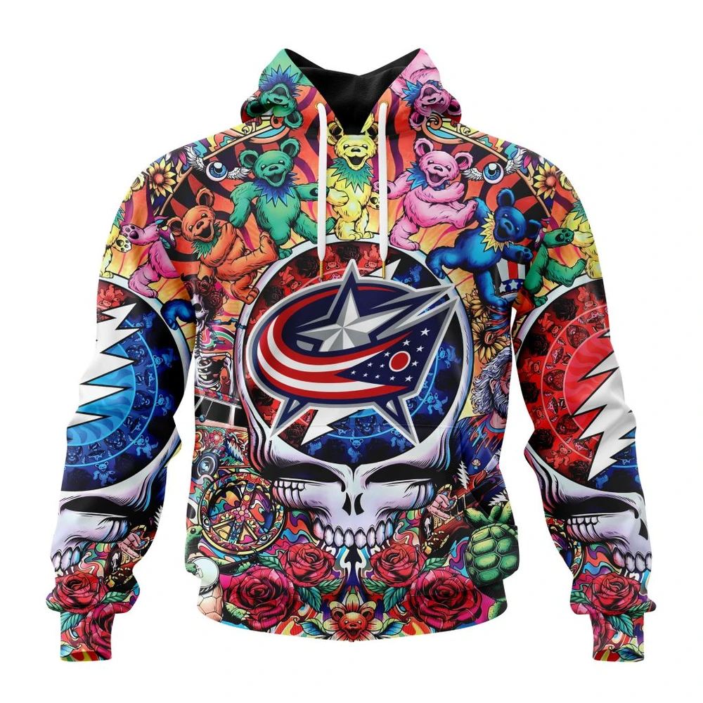 Buildercar - NHL Columbus Blue Jackets Awesome Grateful Dead Design Custom Name and Number Hoodie Style 381