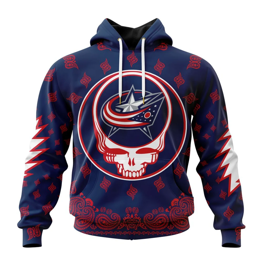 Buildercar - NHL Columbus Blue Jackets Awesome Grateful Dead Design Custom Name and Number Hoodie Style 400