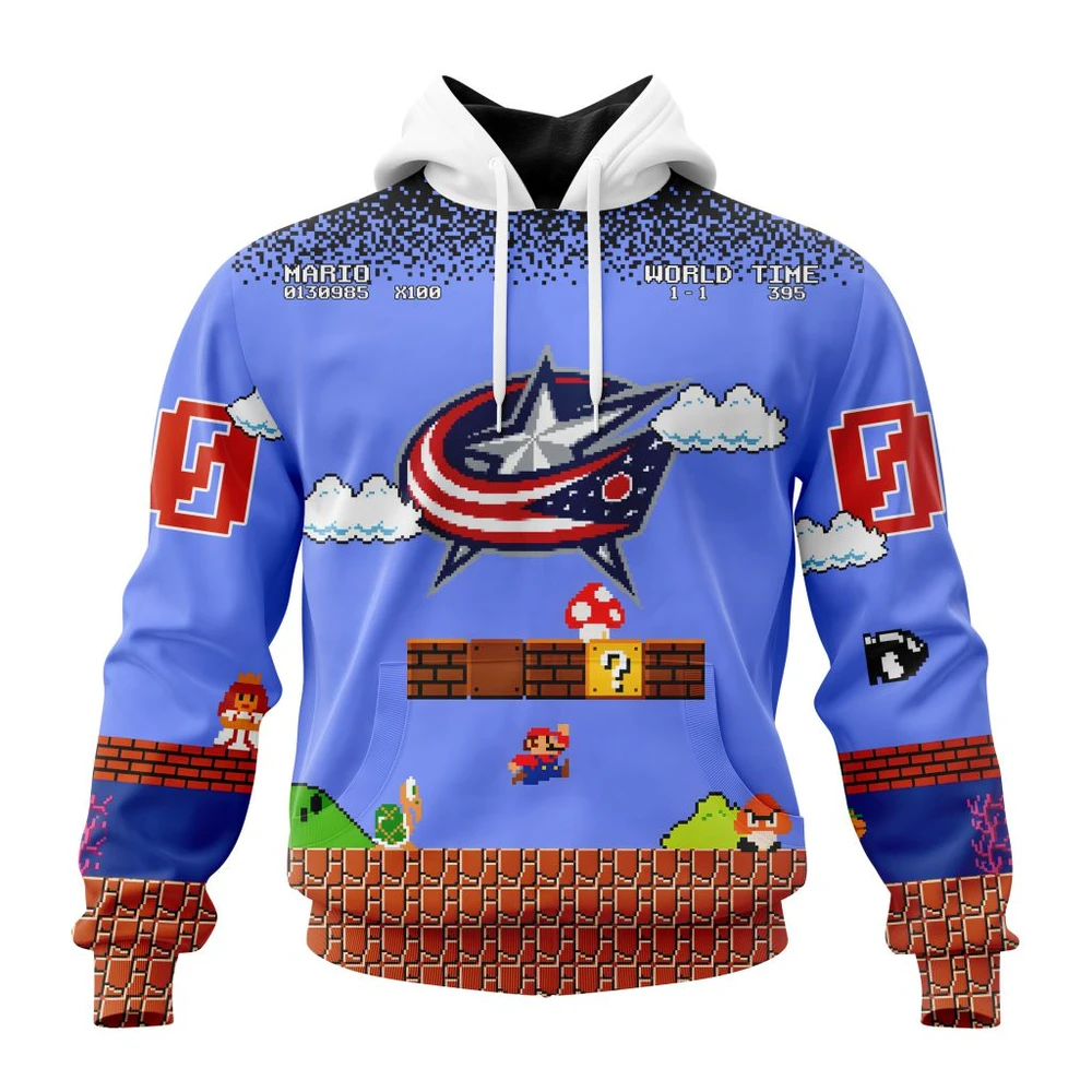 Buildercar - NHL Columbus Blue Jackets Awesome Kits With Super Mario Game Design Custom Name and Number Hoodie