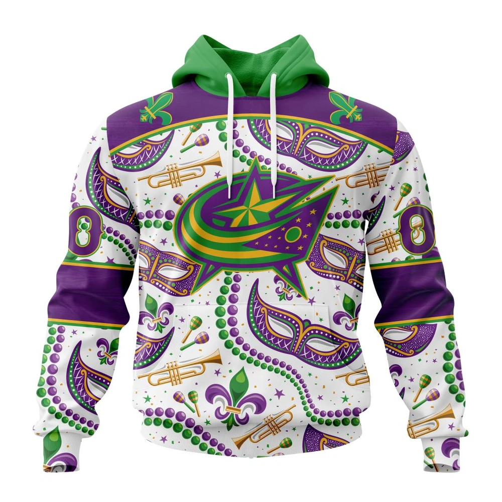 Buildercar - NHL Columbus Blue Jackets Awesome Mardi Gras Design Custom Name and Number Hoodie