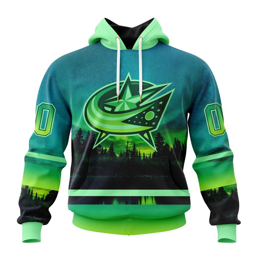 Buildercar - NHL Columbus Blue Jackets Awesome Northern Lights Design Custom Name and Number Hoodie