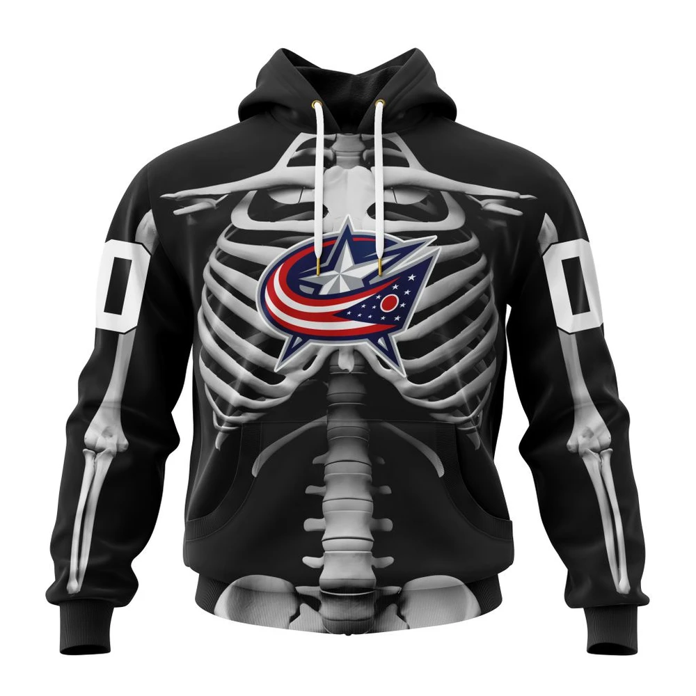 Buildercar - NHL Columbus Blue Jackets Awesome Skeleton Costume For Halloween Custom Name and Number Hoodie
