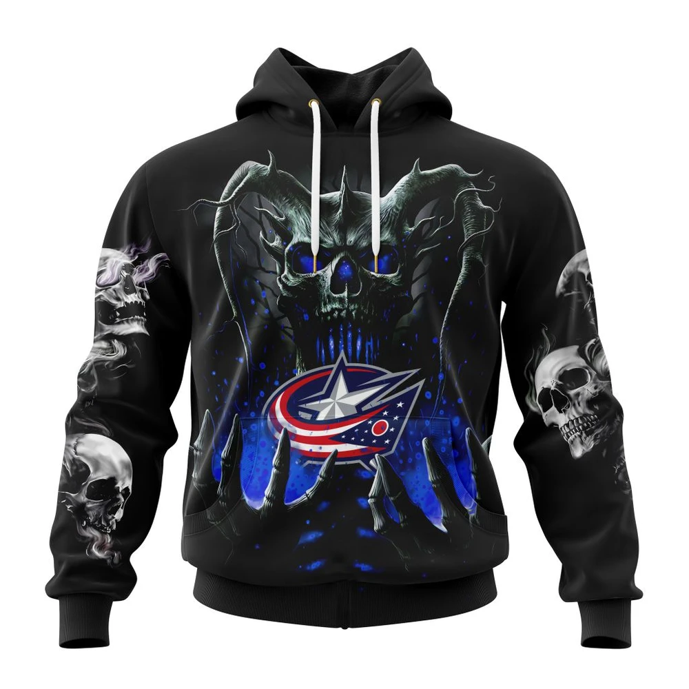 Buildercar - NHL Columbus Blue Jackets Awesome Skull Art Design Custom Name and Number Hoodie