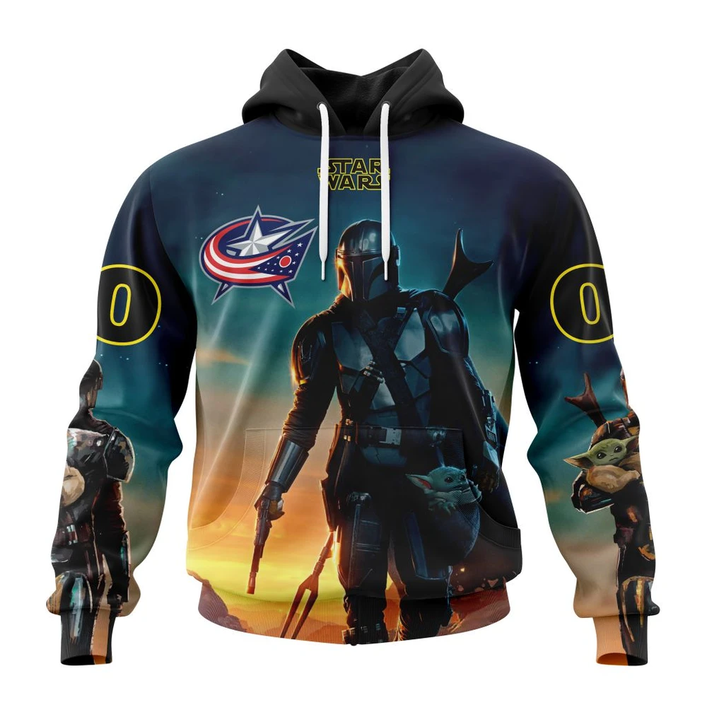 Buildercar - NHL Columbus Blue Jackets Awesome Star Wars The Mandalorian Design Custom Name and Number Hoodie
