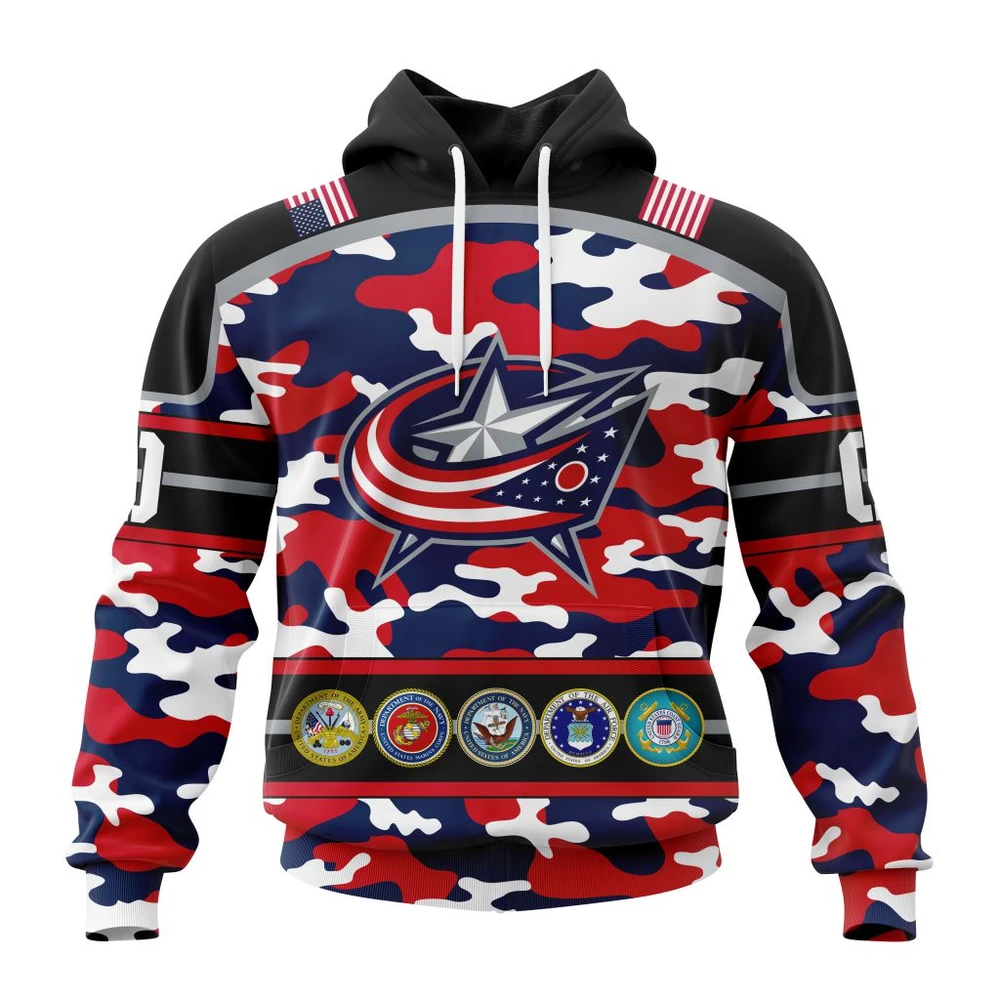 Buildercar - NHL Columbus Blue Jackets Design Wih Camo Team Color And Military Force Logo Custom Name and Number Hoodie