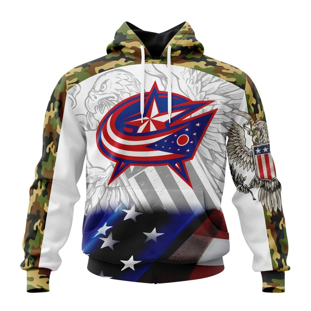 Buildercar - NHL Columbus Blue Jackets Design With Our America Flag And Our America Eagle Custom Name and Number Hoodie