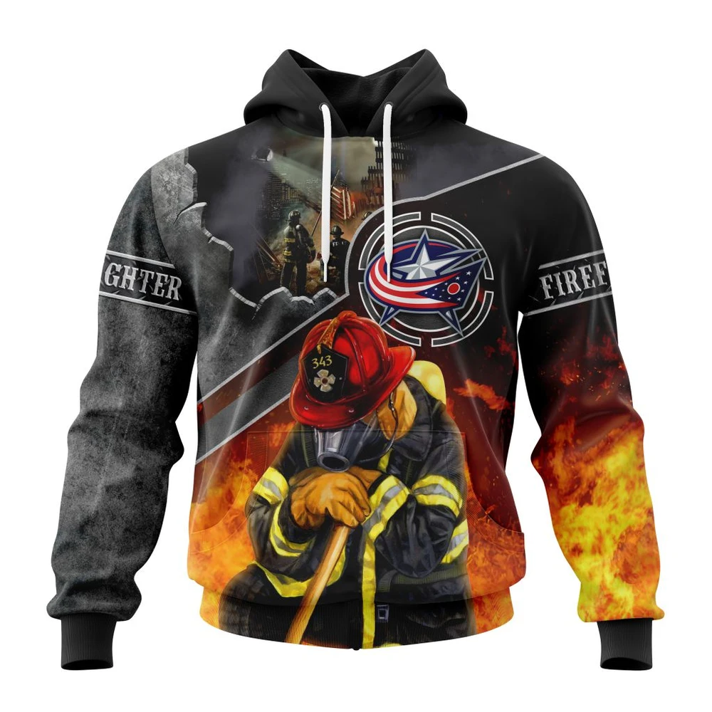 Buildercar - NHL Columbus Blue Jackets Kits To Honor Firefighter In Patriot Day We Will Never Forget Custom Name and Number Hoodie