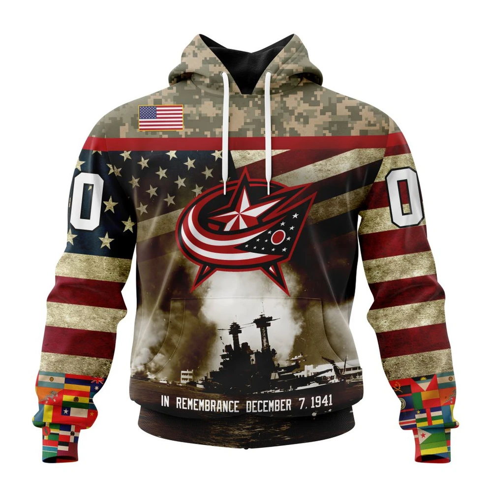 Buildercar - NHL Columbus Blue Jackets Unisex Kits Remember Pearl Harbor Custom Name and Number Hoodie