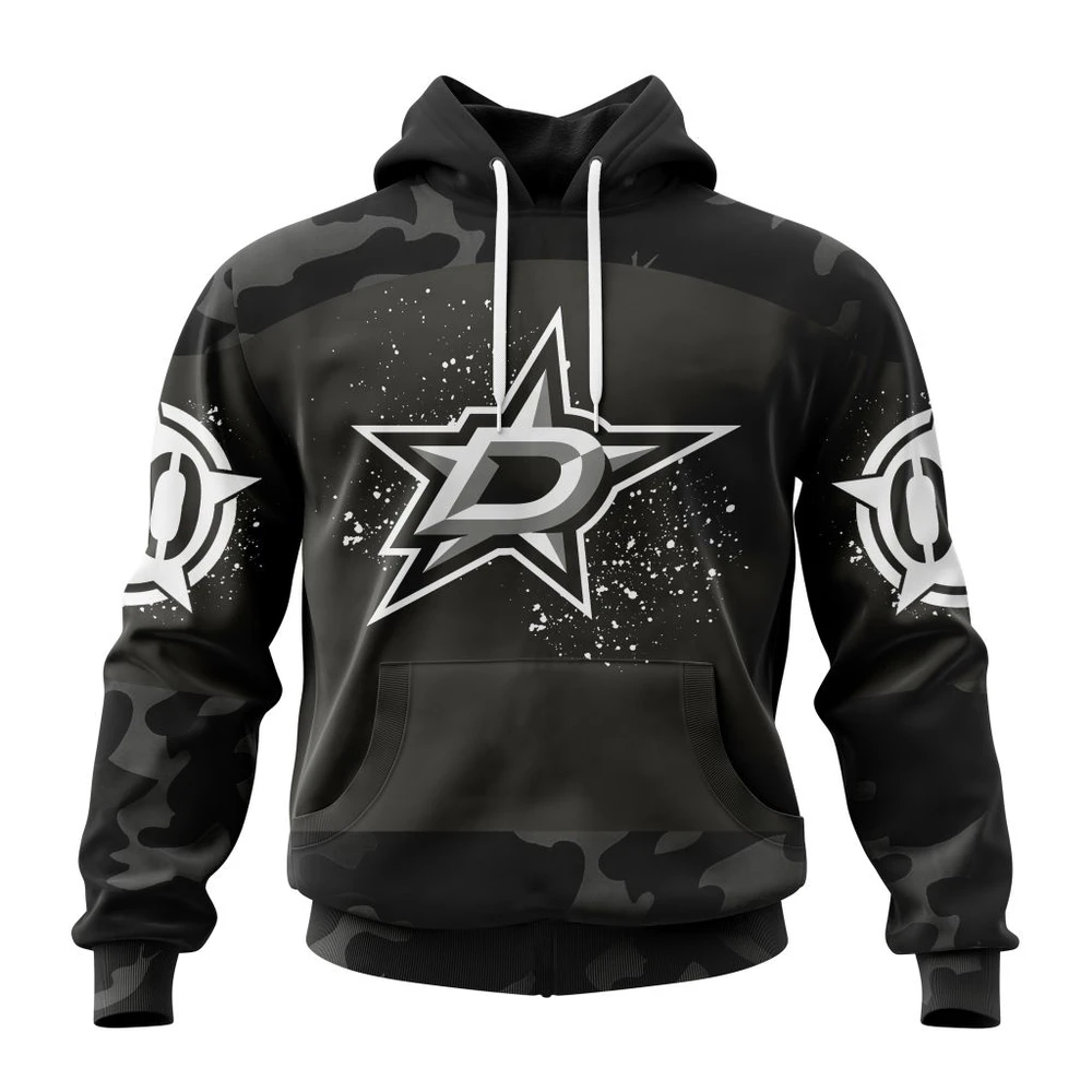 Buildercar - NHL Dallas Stars Awesome Black Camo Design For Veterans Day Custom Name and Number Hoodie