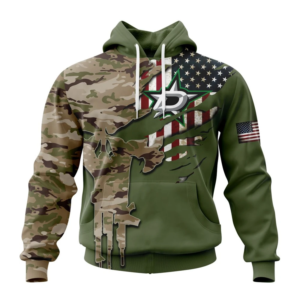 Buildercar - NHL Dallas Stars Awesome Camo Skull Design Custom Name and Number Hoodie