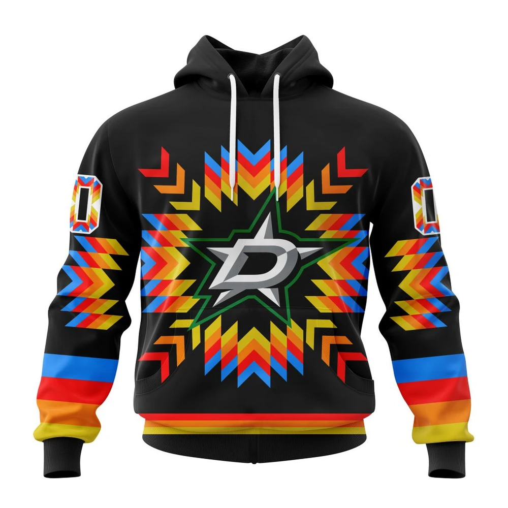 Buildercar - NHL Dallas Stars Awesome Design With Native Pattern Custom Name and Number Hoodie Style 351