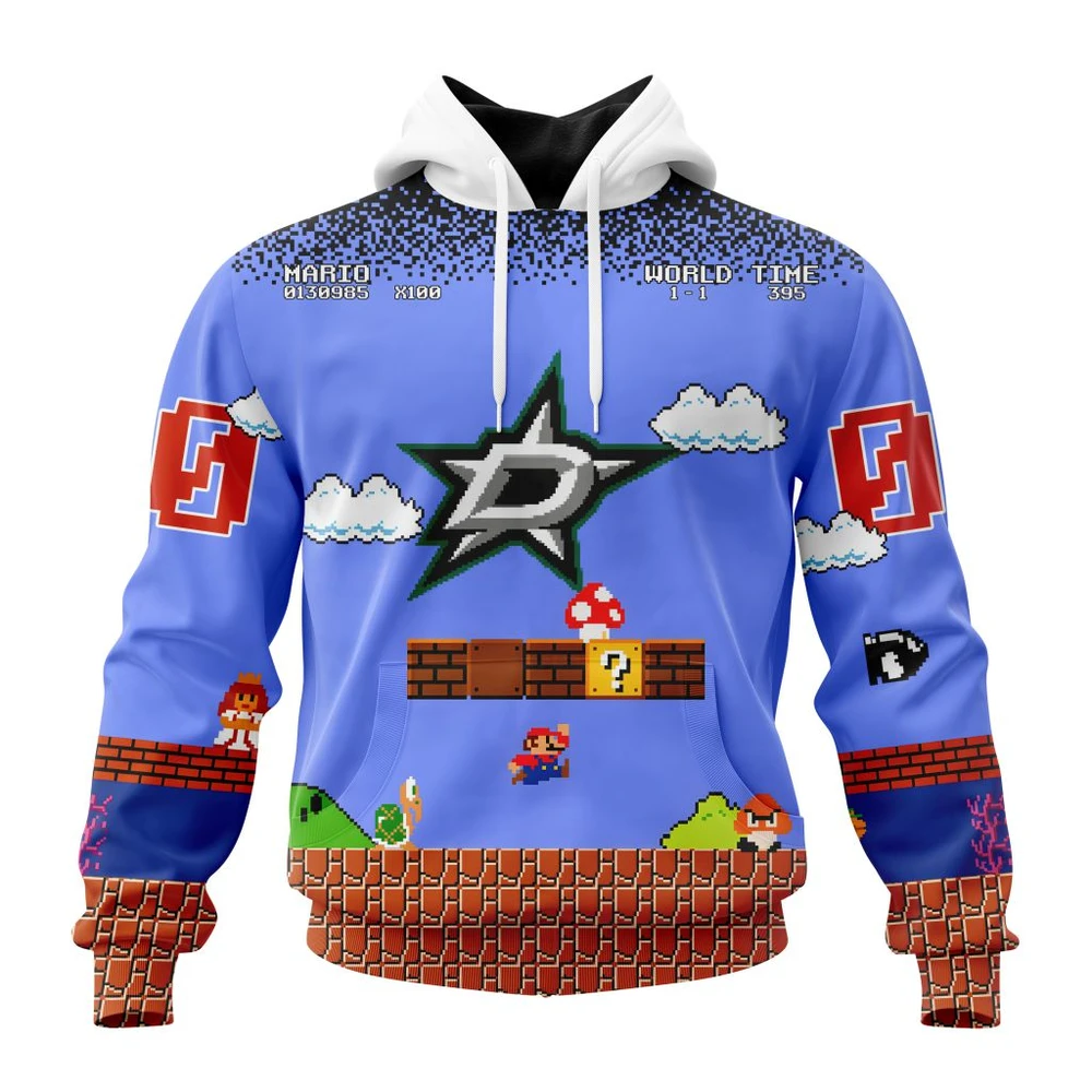 Buildercar - NHL Dallas Stars Awesome Kits With Super Mario Game Design Custom Name and Number Hoodie