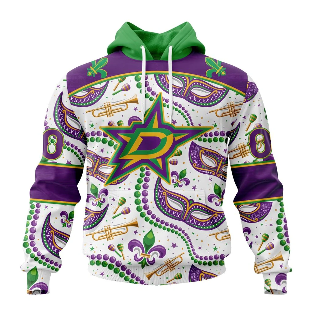 Buildercar - NHL Dallas Stars Awesome Mardi Gras Design Custom Name and Number Hoodie