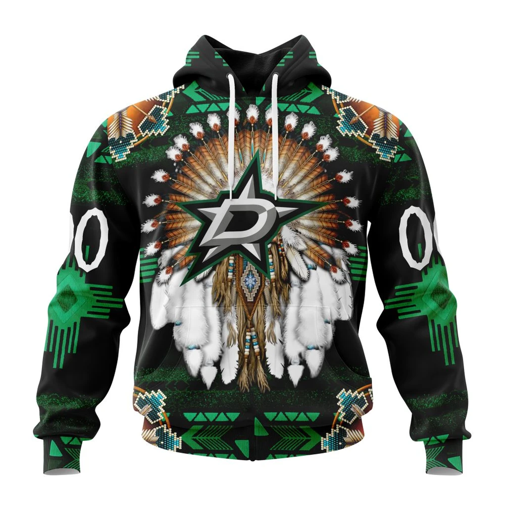 Buildercar - NHL Dallas Stars Awesome Native Costume Design Custom Name and Number Hoodie Style 429