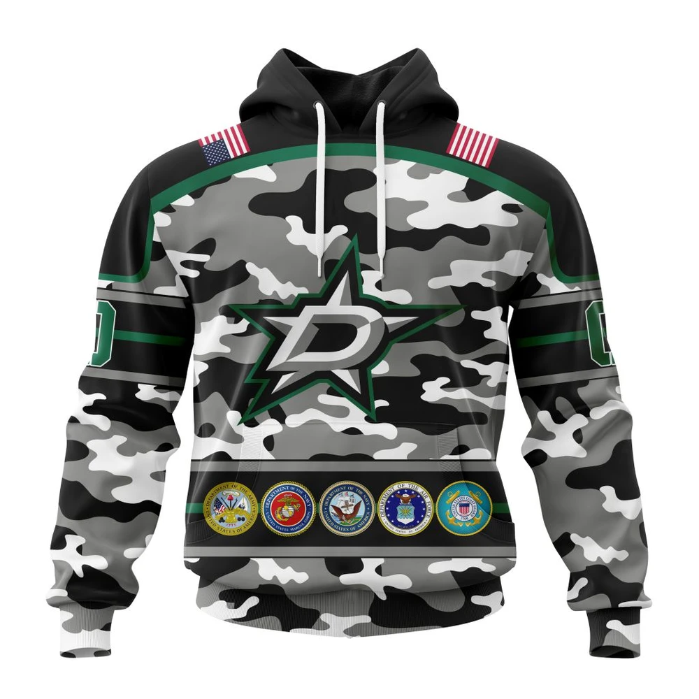 Buildercar - NHL Dallas Stars Design Wih Camo Team Color And Military Force Logo Custom Name and Number Hoodie