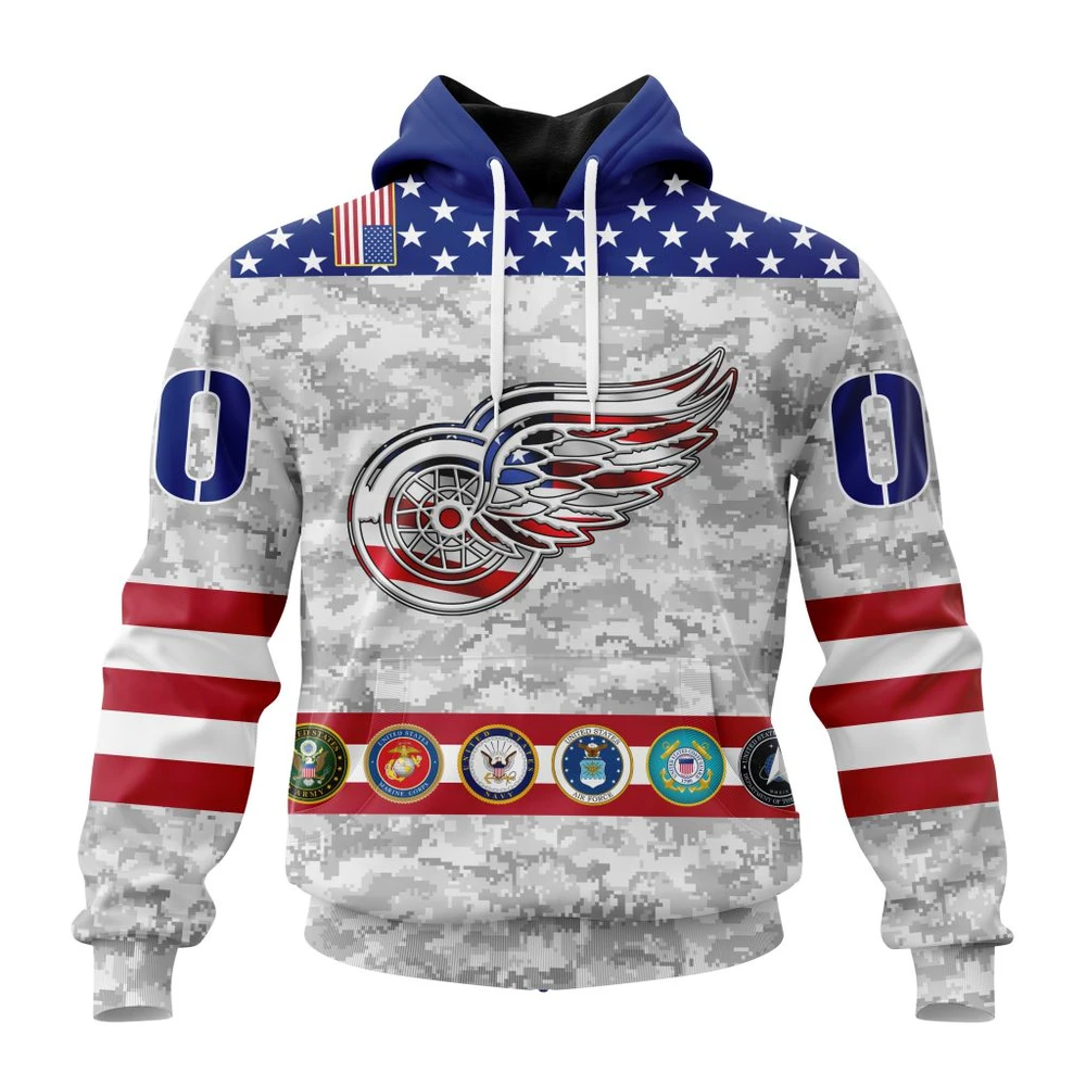 Buildercar - NHL Detroit Red Wings Armed Forces Appreciation Custom Name and Number Hoodie