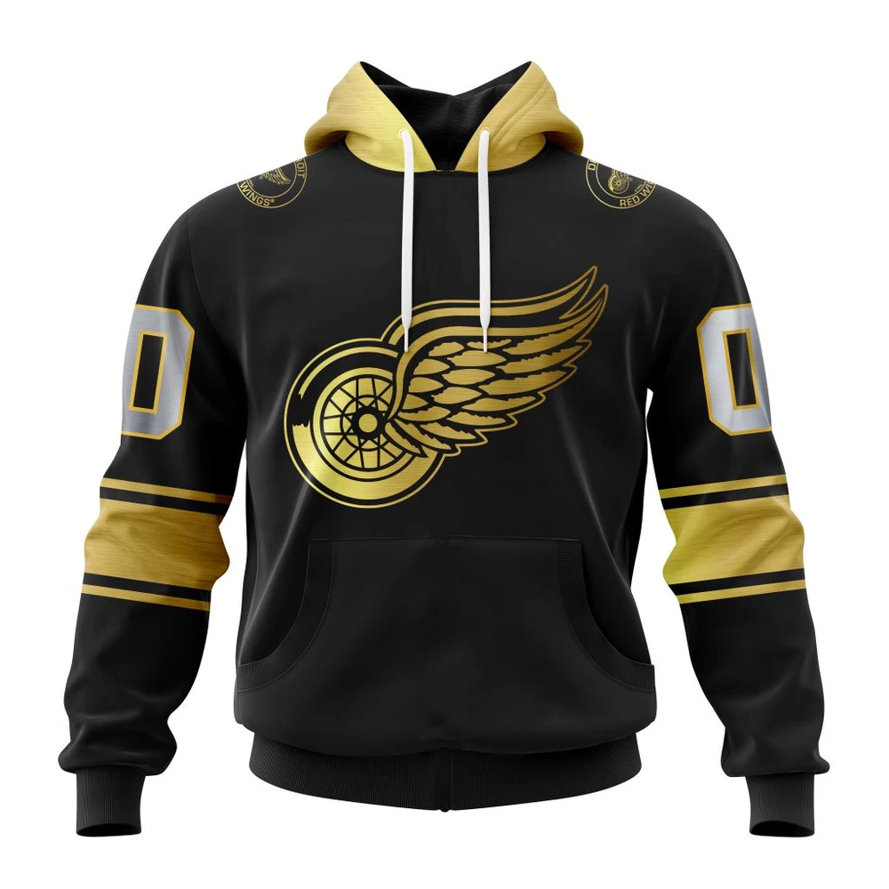 Buildercar - NHL Detroit Red Wings Awesome Black And Gold Design Custom Name and Number Hoodie