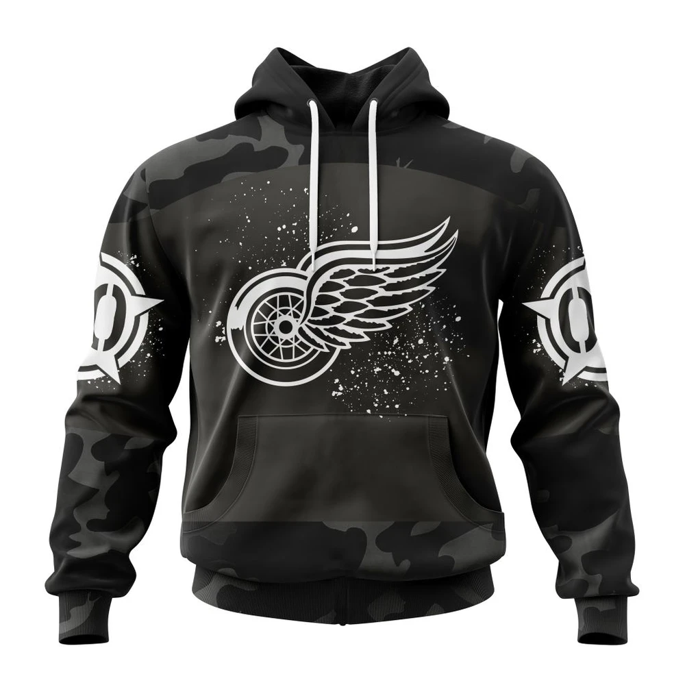 Buildercar - NHL Detroit Red Wings Awesome Black Camo Design For Veterans Day Custom Name and Number Hoodie