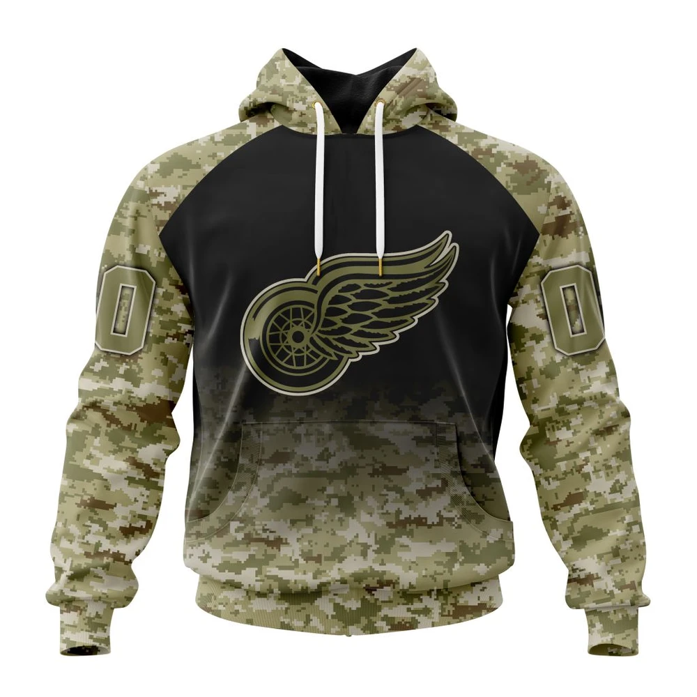 Buildercar - NHL Detroit Red Wings Awesome Camo Design For Veterans Day Custom Name and Number Hoodie Style 159