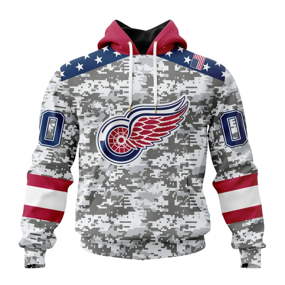Buildercar - NHL Detroit Red Wings Awesome Camo Design For Veterans Day Custom Name and Number Hoodie Style 194