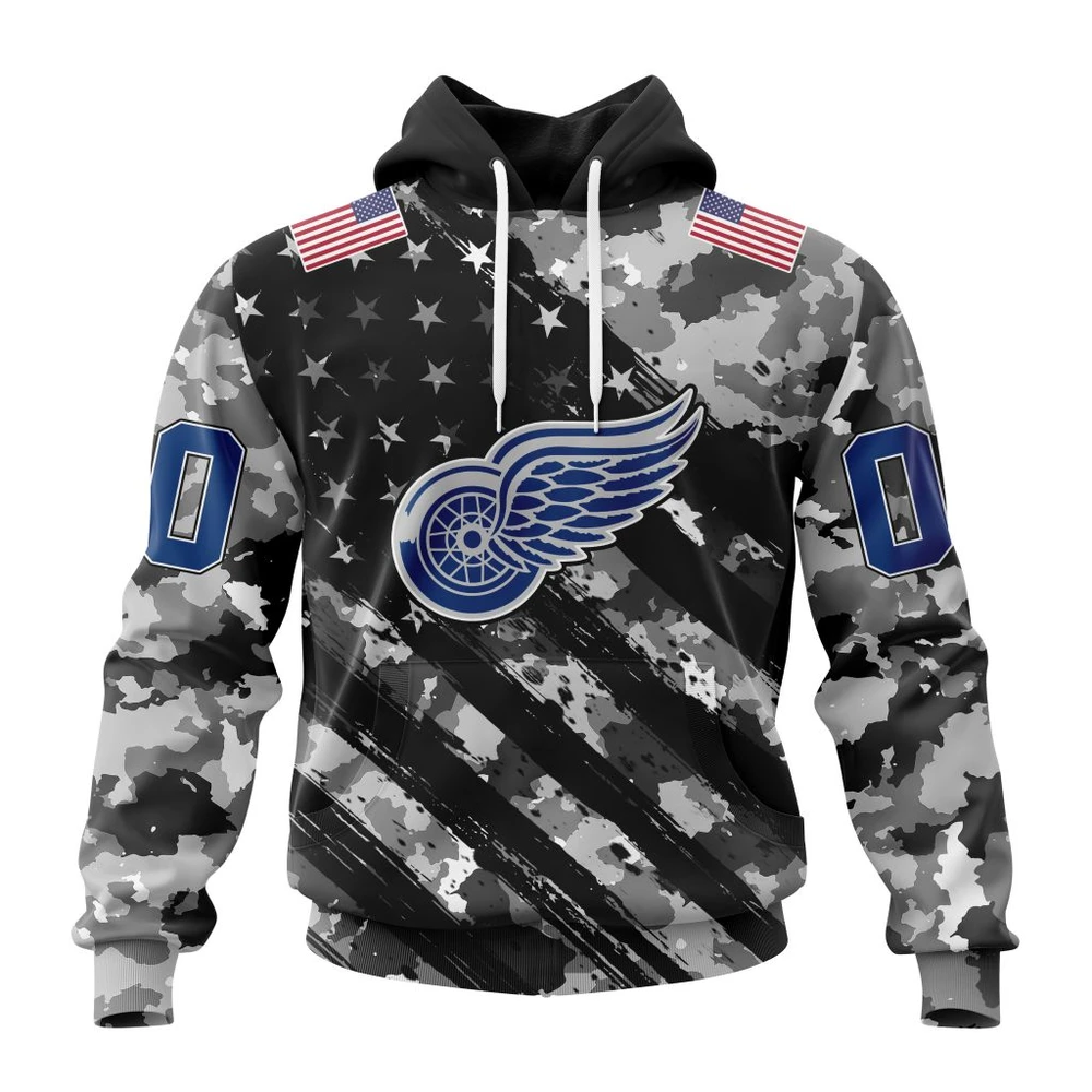 Buildercar - NHL Detroit Red Wings Awesome Camo Military Design Custom Name and Number Hoodie