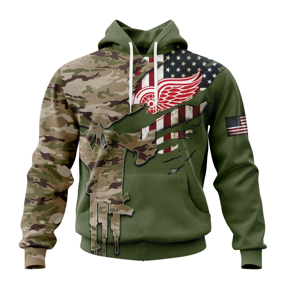 Buildercar - NHL Detroit Red Wings Awesome Camo Skull Design Custom Name and Number Hoodie