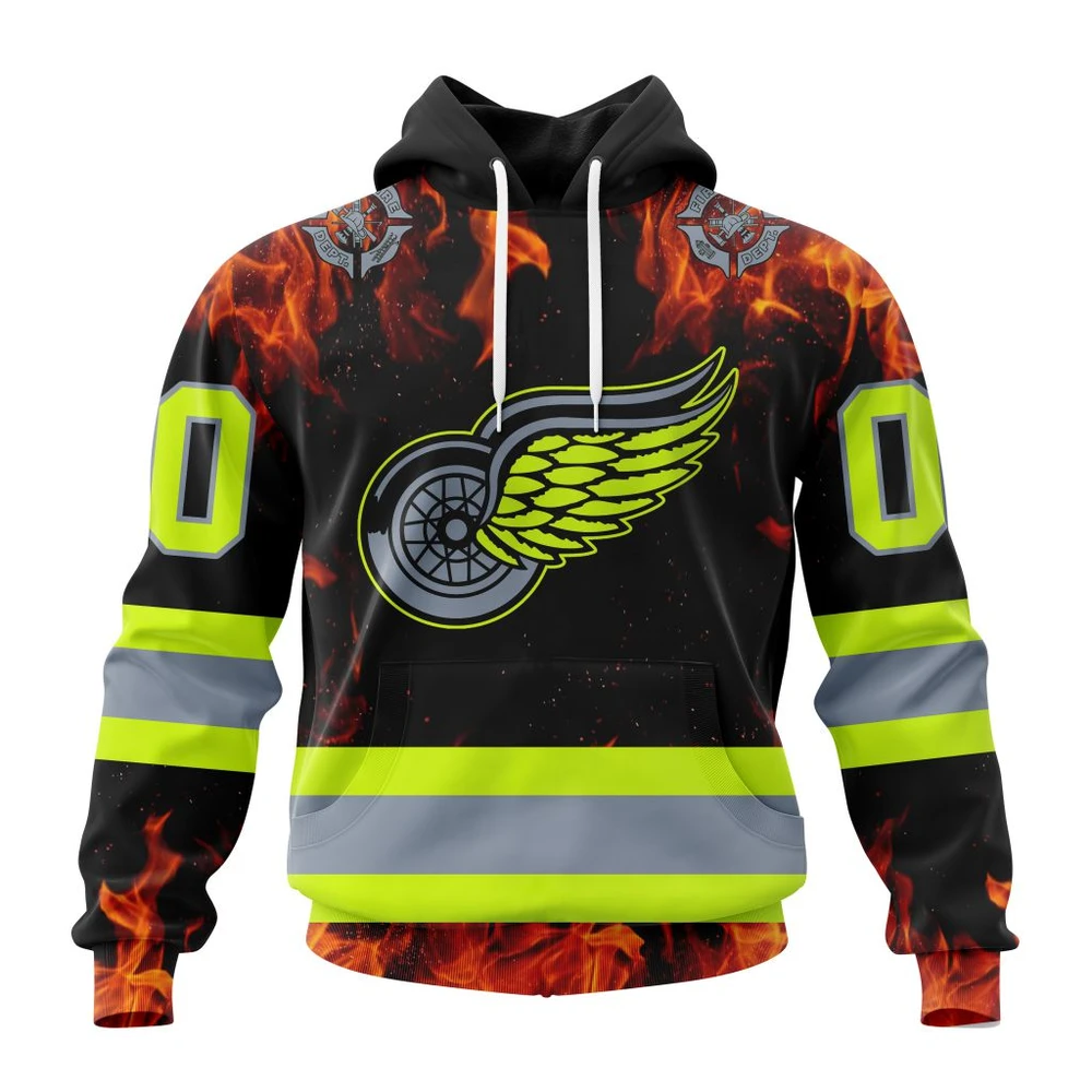 Buildercar - NHL Detroit Red Wings Awesome Design Honoring Firefighters Custom Name and Number Hoodie