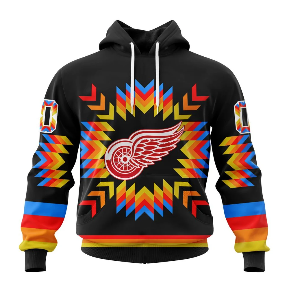 Buildercar - NHL Detroit Red Wings Awesome Design With Native Pattern Custom Name and Number Hoodie Style 345