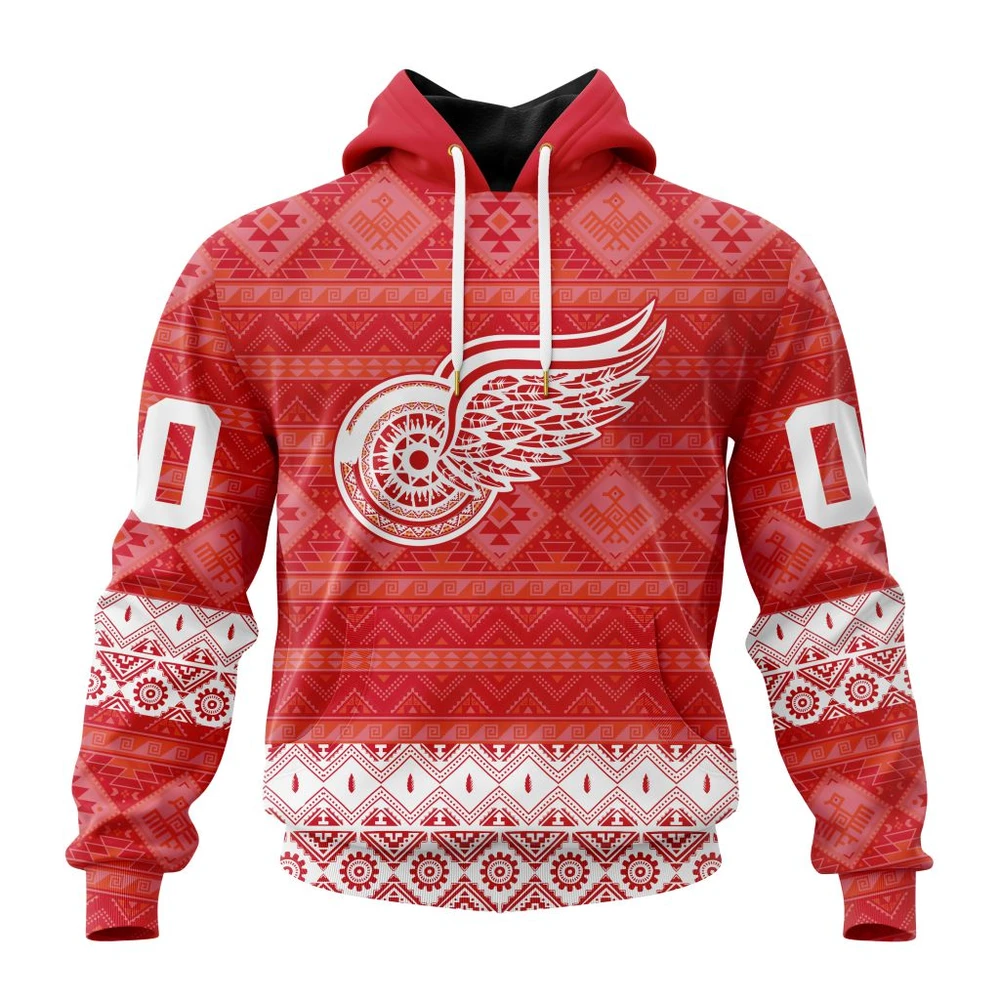 Buildercar - NHL Detroit Red Wings Awesome Design With Native Pattern Custom Name and Number Hoodie Style 362