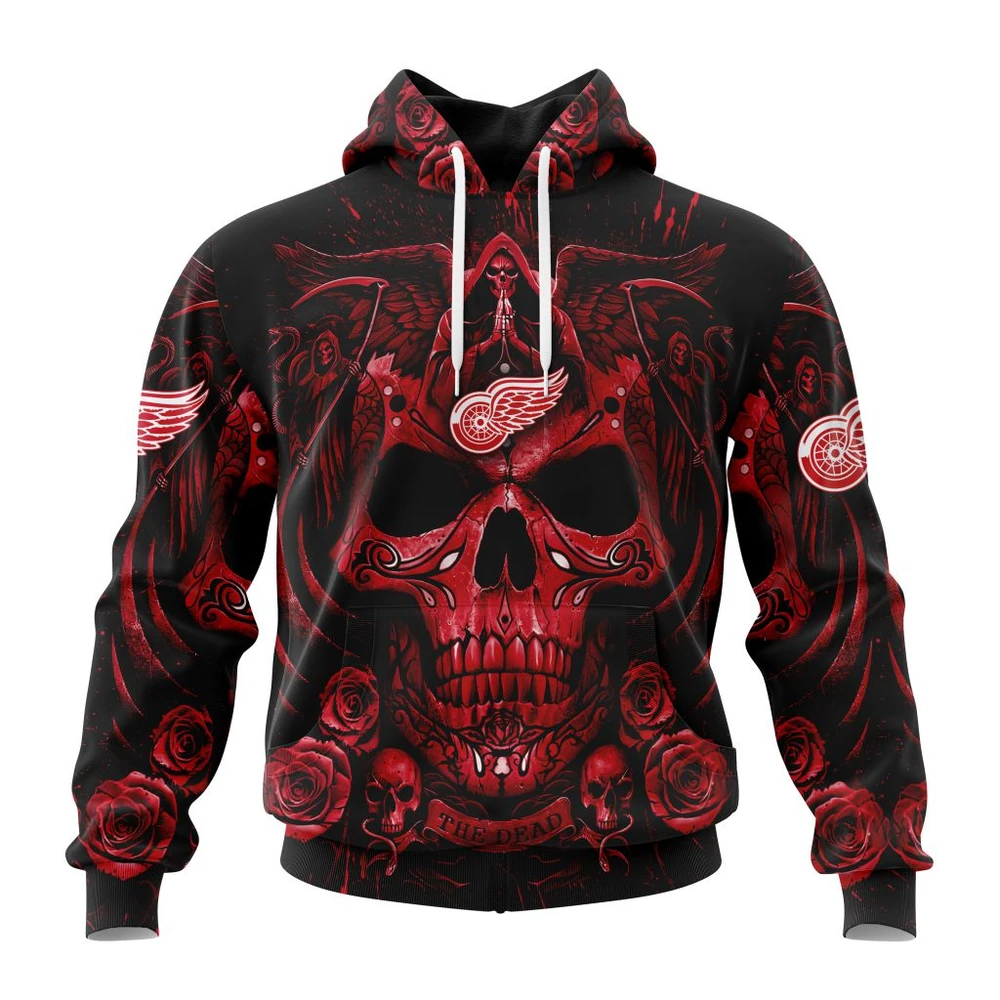 Buildercar - NHL Detroit Red Wings Awesome Design With Skull Art Custom Name and Number Hoodie