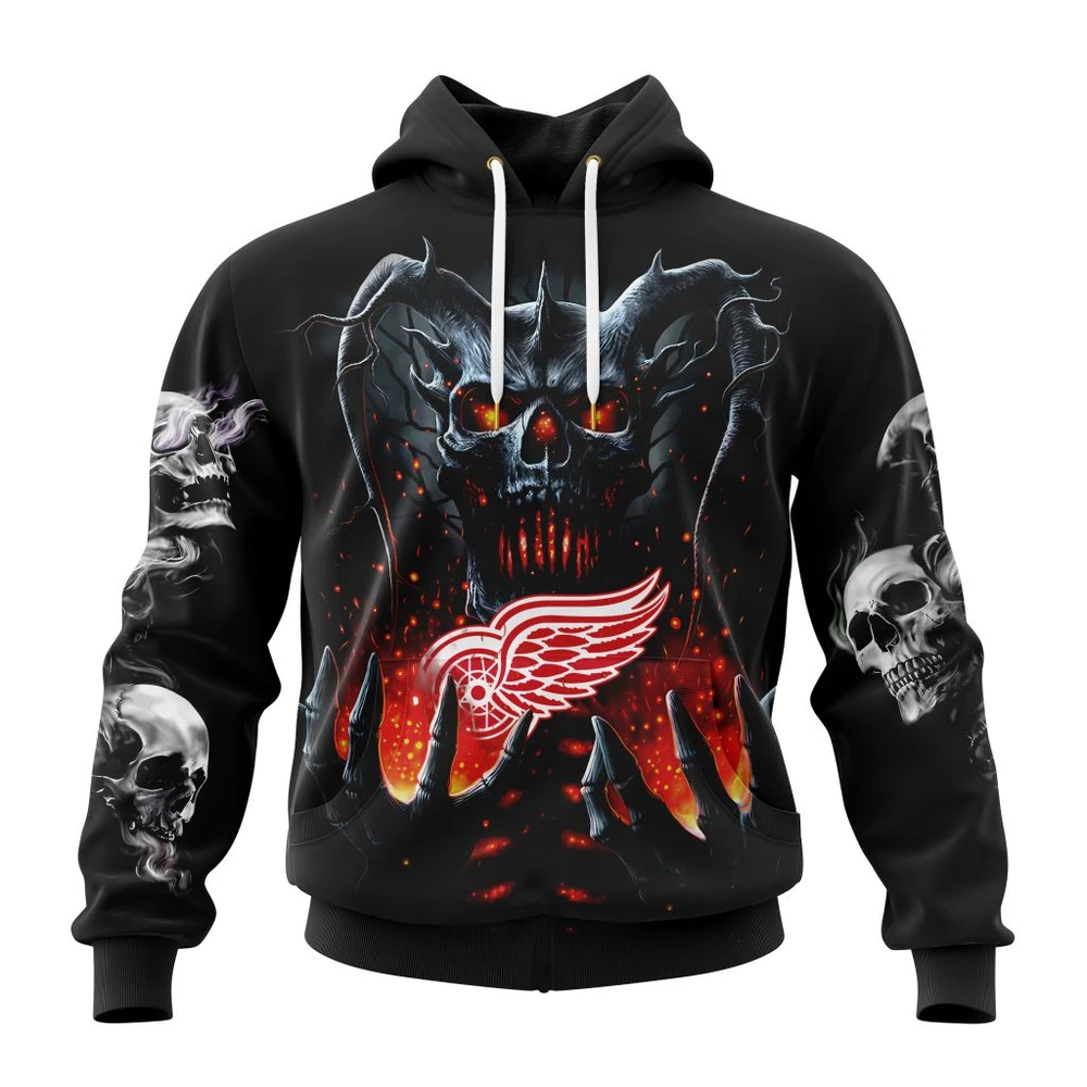 Buildercar - NHL Detroit Red Wings Awesome Skull Art Design Custom Name and Number Hoodie