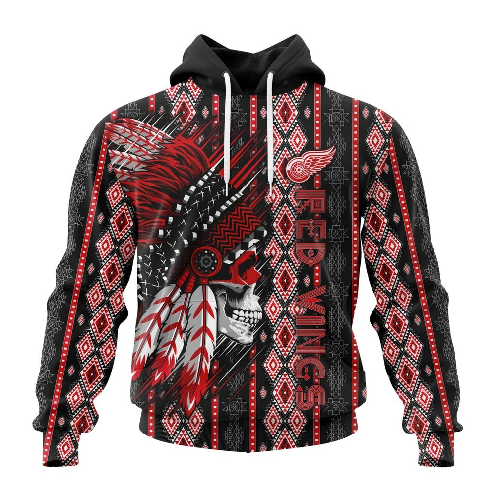 Buildercar - NHL Detroit Red Wings Awesome Skull Native Design Custom Name and Number Hoodie