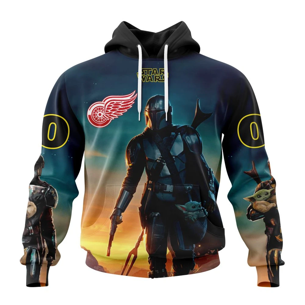 Buildercar - NHL Detroit Red Wings Awesome Star Wars The Mandalorian Design Custom Name and Number Hoodie