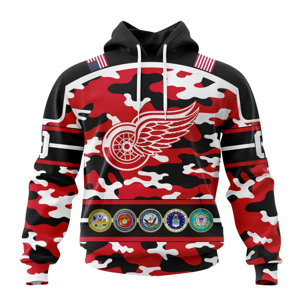 Buildercar - NHL Detroit Red Wings Design Wih Camo Team Color And Military Force Logo Custom Name and Number Hoodie