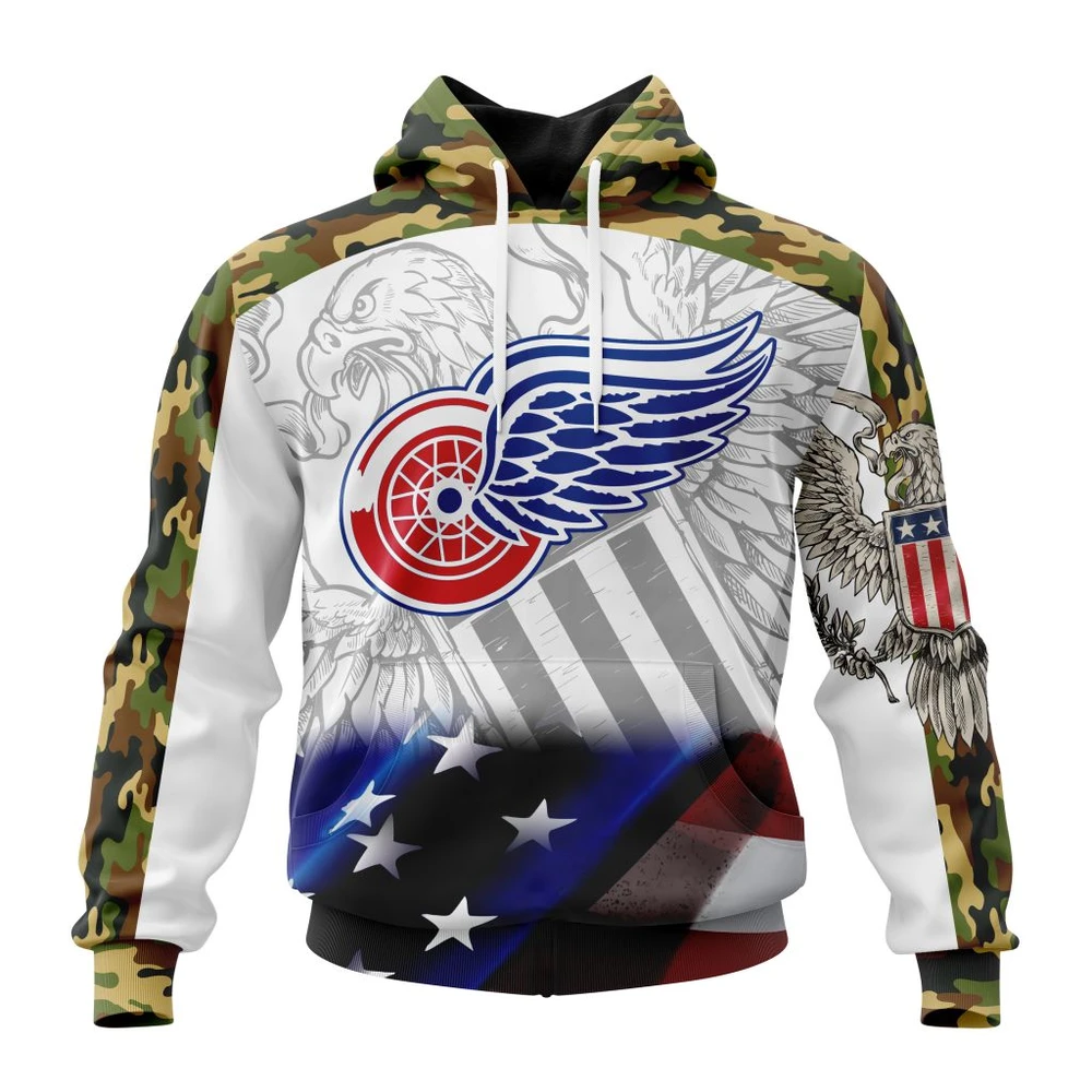 Buildercar - NHL Detroit Red Wings Design With Our America Flag And Our America Eagle Custom Name and Number Hoodie