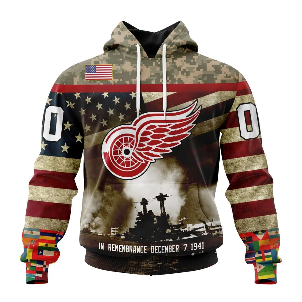Buildercar - NHL Detroit Red Wings Unisex Kits Remember Pearl Harbor Custom Name and Number Hoodie
