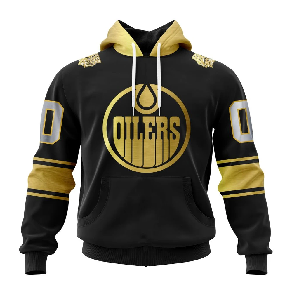 Buildercar - NHL Edmonton Oilers Awesome Black And Gold Design Custom Name and Number Hoodie