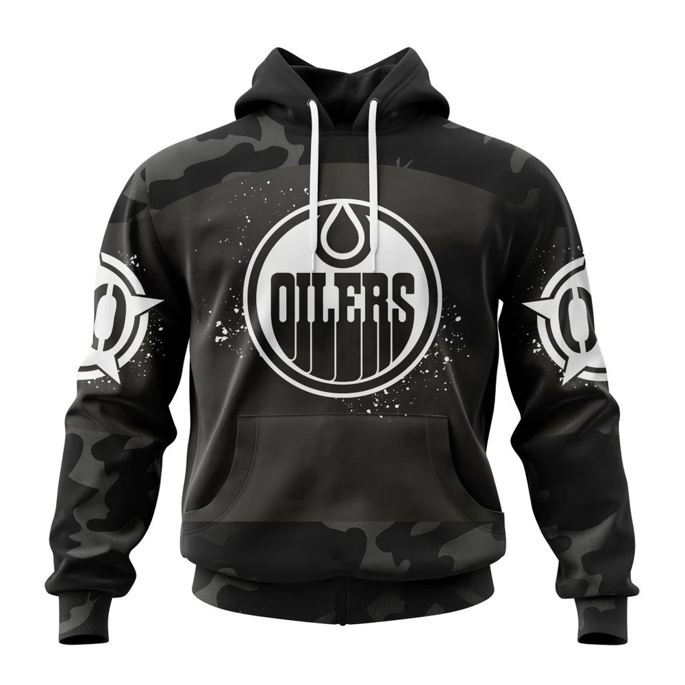 Buildercar - NHL Edmonton Oilers Awesome Black Camo Design For Veterans Day Custom Name and Number Hoodie