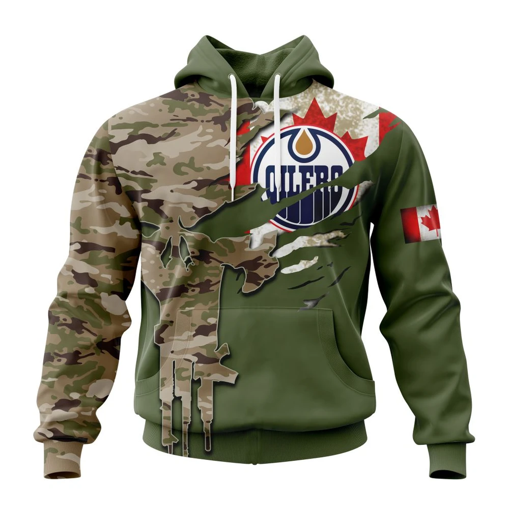 Buildercar - NHL Edmonton Oilers Awesome Camo Skull Design Custom Name and Number Hoodie