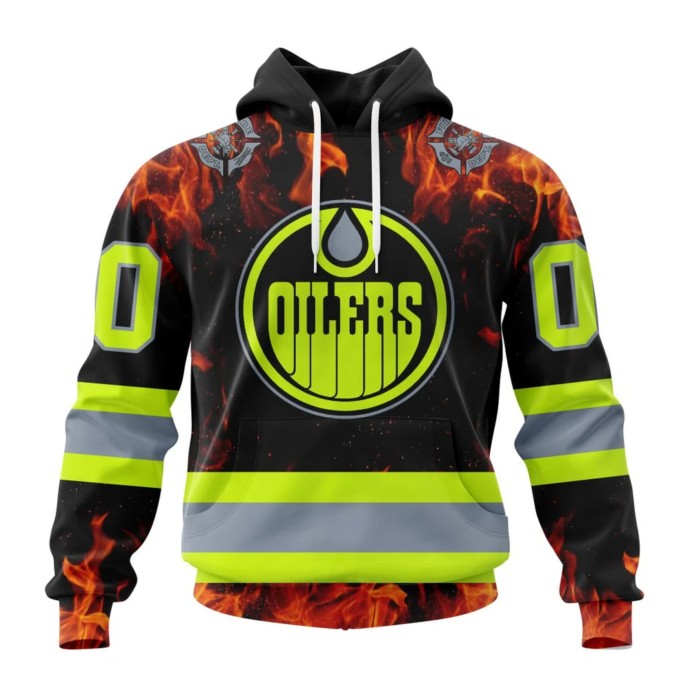 Buildercar - NHL Edmonton Oilers Awesome Design Honoring Firefighters Custom Name and Number Hoodie