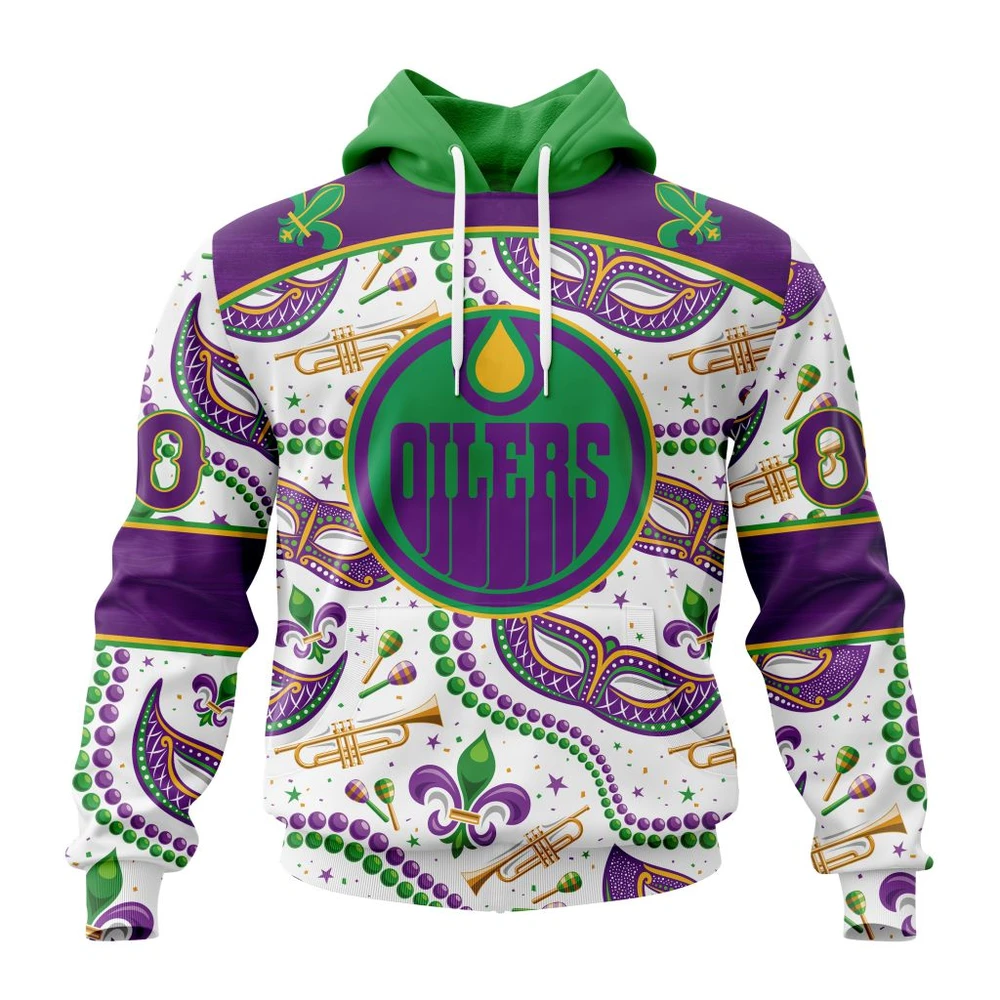 Buildercar - NHL Edmonton Oilers Awesome Mardi Gras Design Custom Name and Number Hoodie