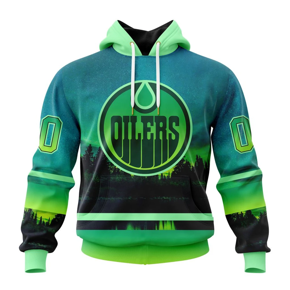 Buildercar - NHL Edmonton Oilers Awesome Northern Lights Design Custom Name and Number Hoodie
