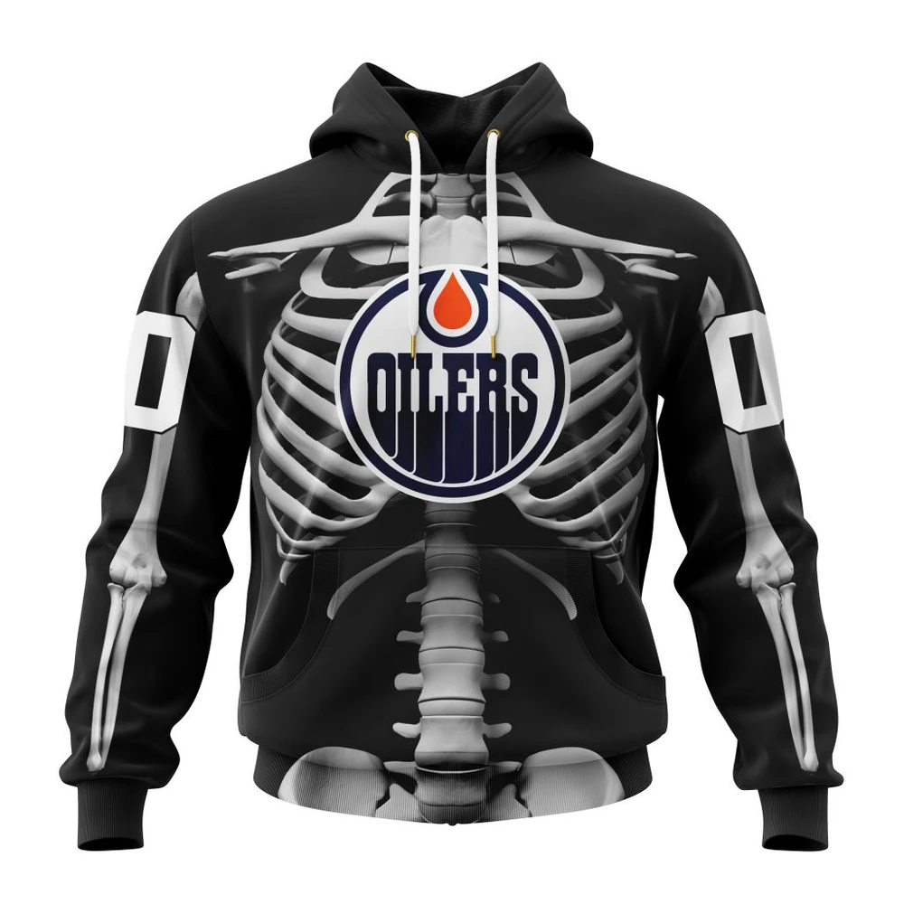 Buildercar - NHL Edmonton Oilers Awesome Skeleton Costume For Halloween Custom Name and Number Hoodie