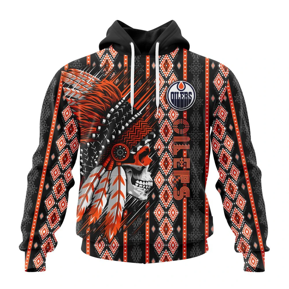 Buildercar - NHL Edmonton Oilers Awesome Skull Native Design Custom Name and Number Hoodie