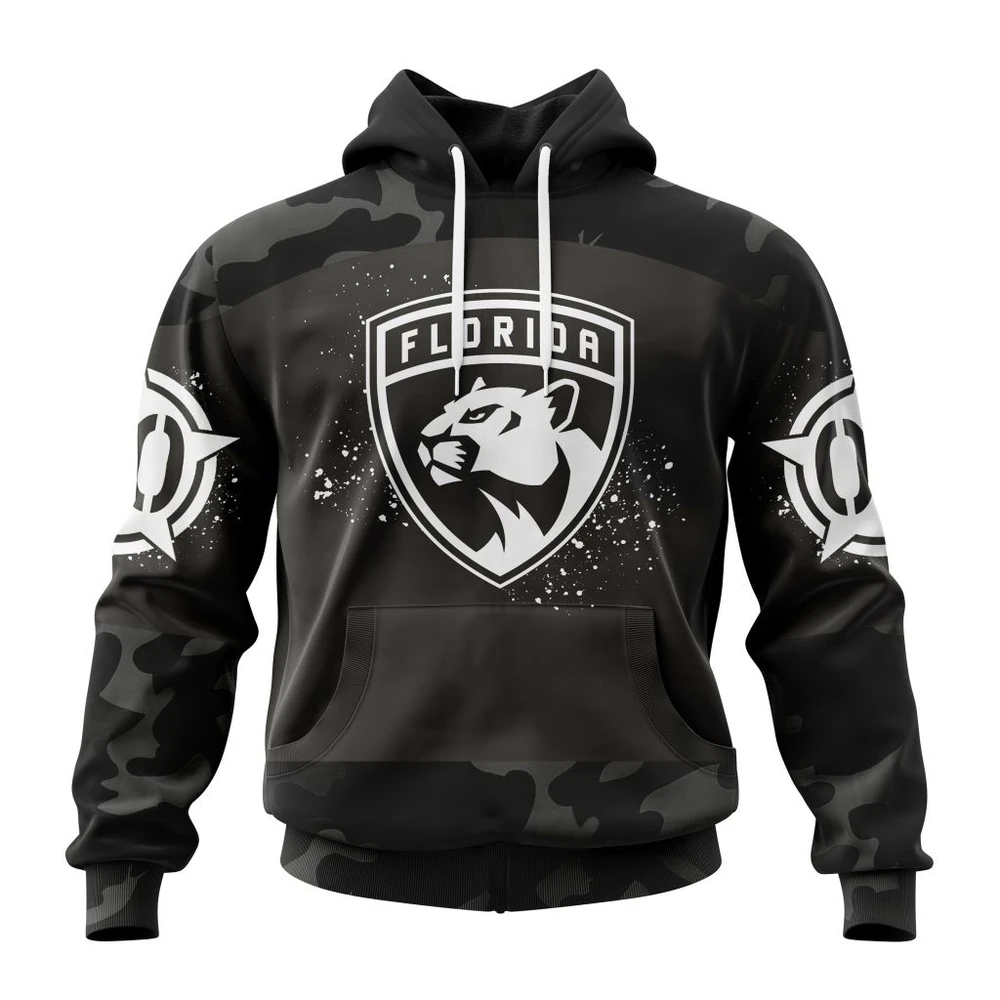 Buildercar - NHL Florida Panthers Awesome Black Camo Design For Veterans Day Custom Name and Number Hoodie