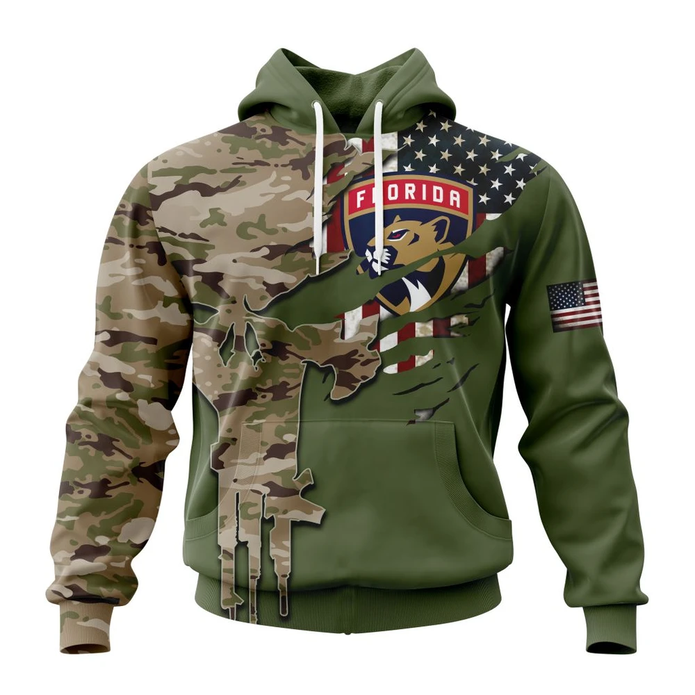 Buildercar - NHL Florida Panthers Awesome Camo Skull Design Custom Name and Number Hoodie
